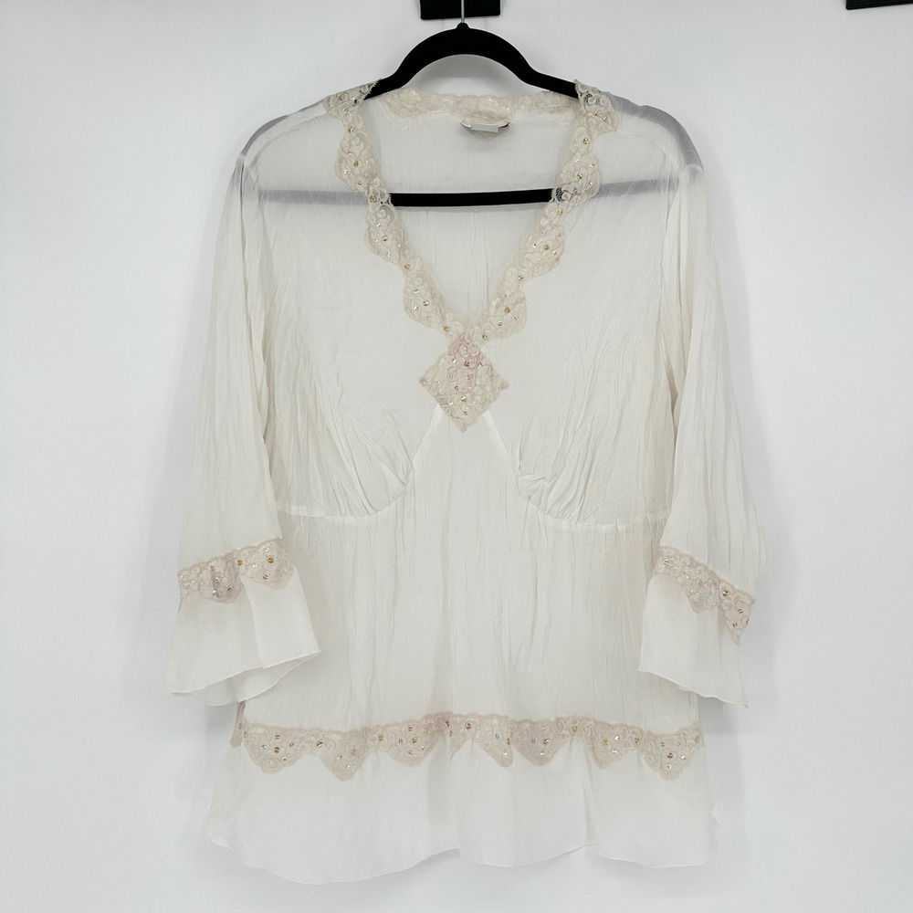 Vintage S.L.B. Lace Sequin Sheer See Through Ivory White Blouse 3/4 Y2K 1x